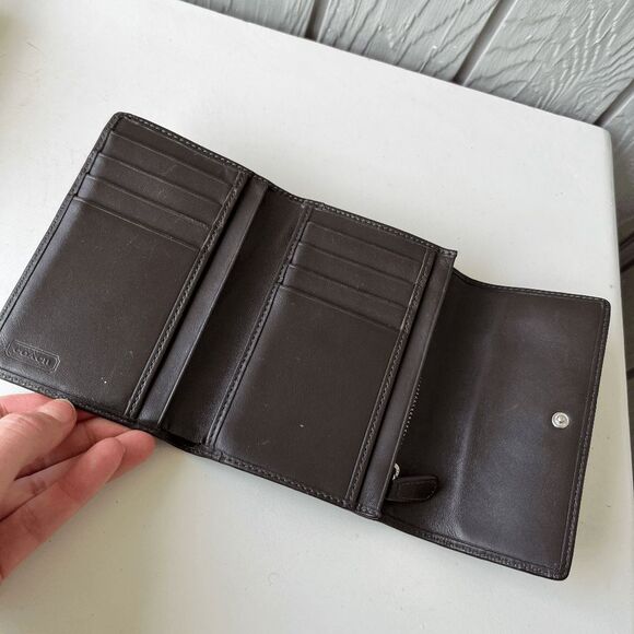 Coach Signature Canvas & Leather Tri-Fold Wallet Brown Classic Logo - Picture 3 of 9